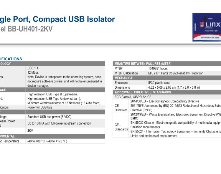 研華BB-UH401-2KV USB 2.0 2 kV隔離器，1端口，12 Mbps全速