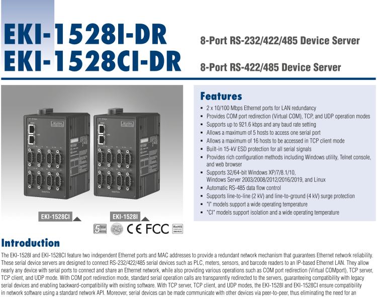 研華EKI-1528CI-DR 8-port RS-422/485 Serial Device Server - Isolation, Wide Temperature