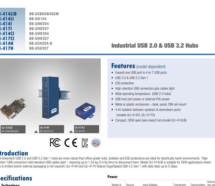 研華BB-USBHUB4OEM ULI-414LIB-工業(yè)USB 2.0集線器，4端口，高穩(wěn)固力連接器