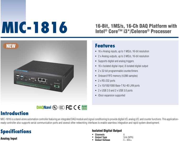 研華MIC-1816 具有Core?i3 /Celeron?處理器的16位，1 MS / s，16通道DAQ平臺