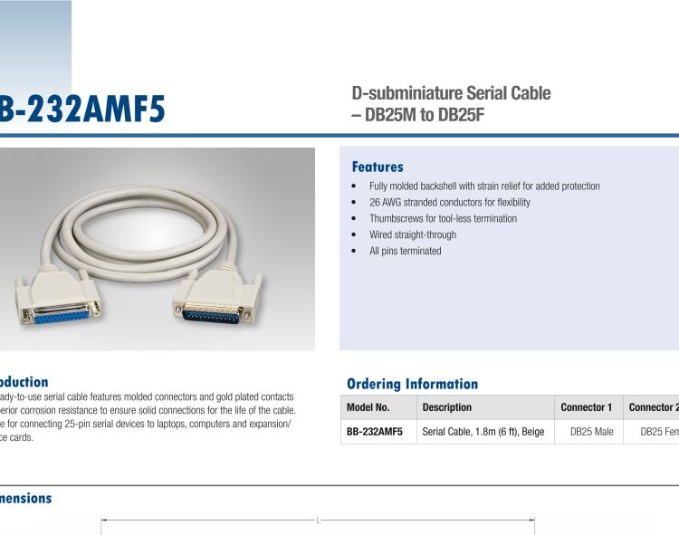 研華BB-232AMF5 Serial Cable, DB25 M to DB25 F, 1.8 m / 6 ft