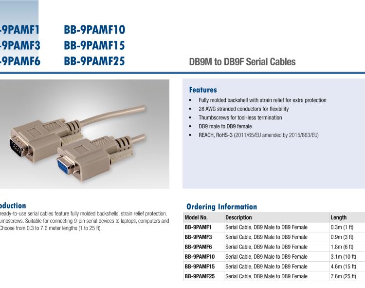 研華BB-9PAMF15 Serial Cable, RS-232 DB9 M to DB9 F, 4.6 m / 15 ft