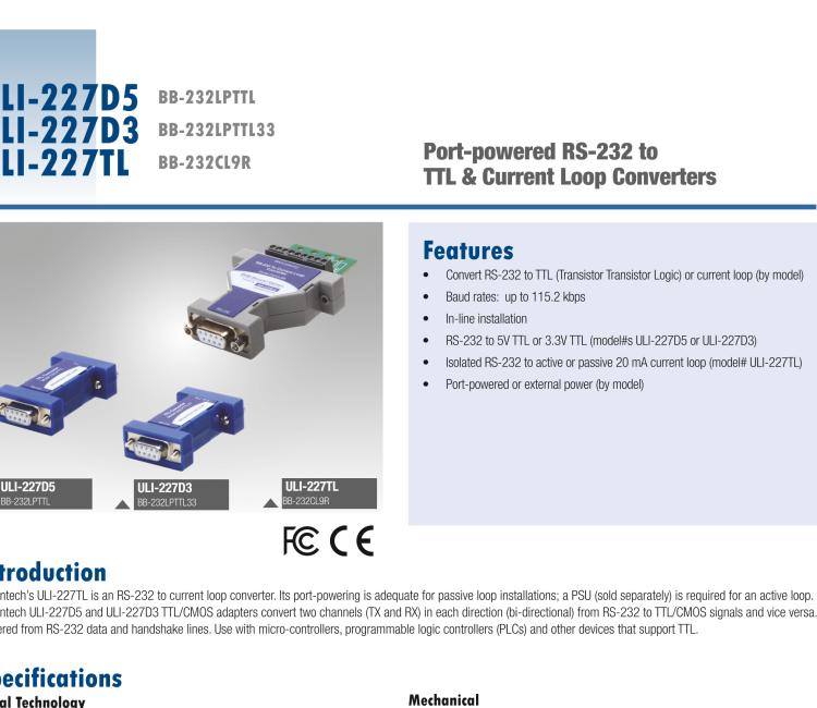 研華BB-232LPTTL33 ULI-227D3 RS-232（DB9母頭）至3.3V TTL（DB9公頭）轉換器，端口供電