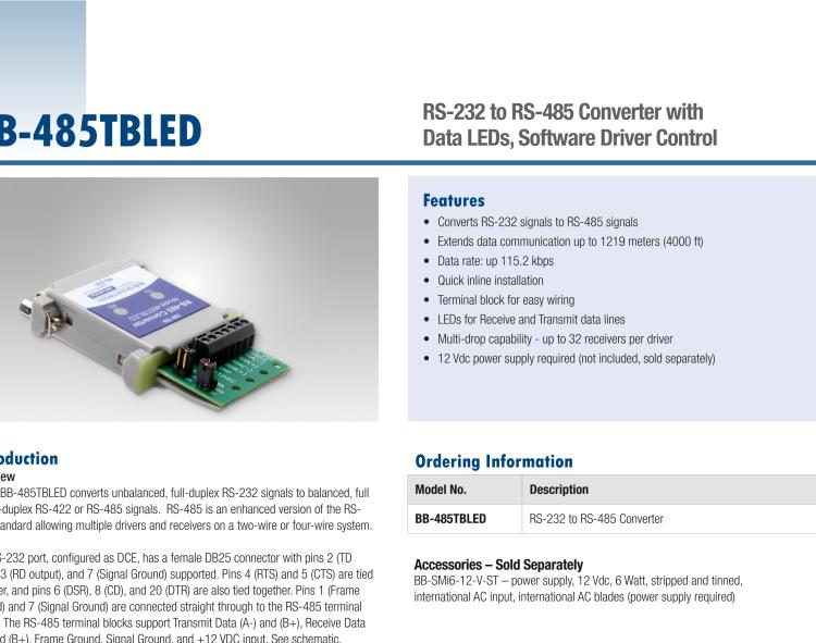 研華BB-485TBLED 串口轉換器，RS-232 DB25 母頭至RS-485 TB