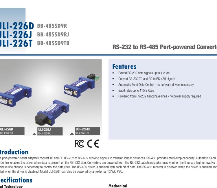 研華BB-485SD9RJ ULI-226J RS-232（DB9母頭）至RS-485 2線（RJ 11）轉換器