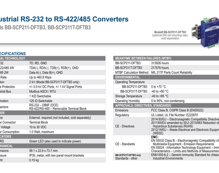 研華BB-SCP311T-DFTB3 ULI-224THC 寬溫度范圍、隔離式、RS-232 至 422/485 轉換器