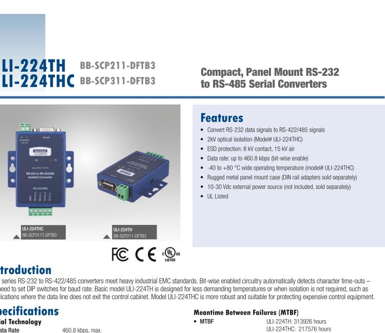 研華BB-485BAT3 ULI-224TB RS-232（DB9母頭至RS-422/485（接線端子）轉(zhuǎn)換器，電池供電