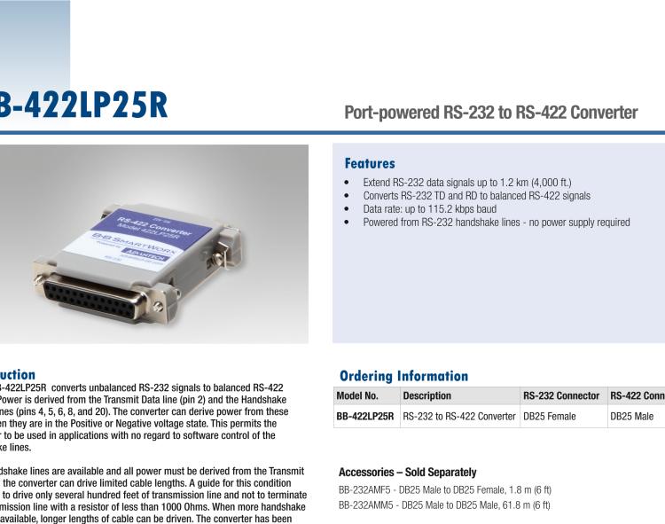 研華BB-422LP25R 串口轉(zhuǎn)換器，RS-232 DB-25 F至RS-422 DB25 M，端口供電