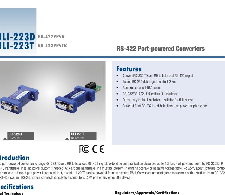 研華BB-422PP9TB ULI-223T RS-232（DB9母頭）至RS-422（接線端子）轉換器，端口供電