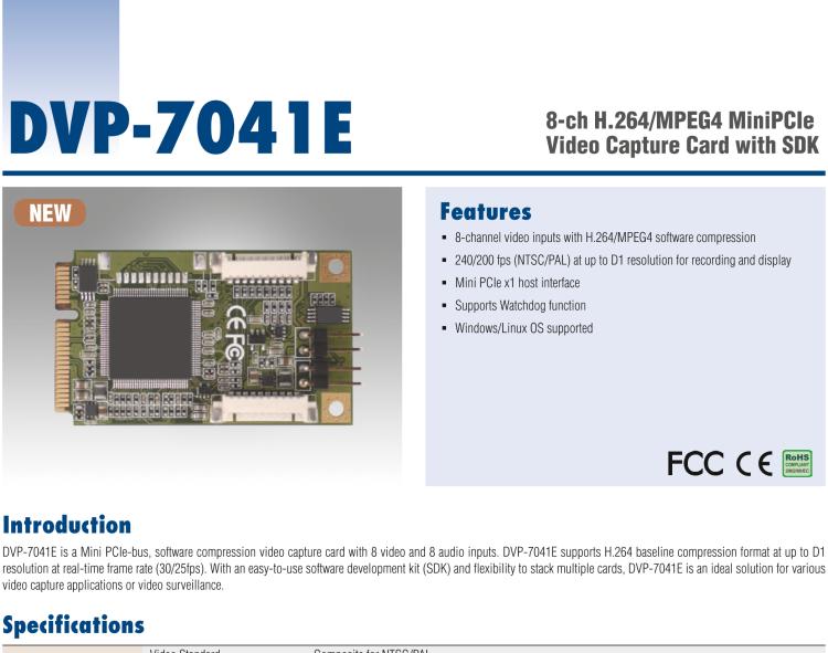 研華DVP-7041E 8-ch H.264/MPEG4 MiniPCIe Video Capture Card with SDK